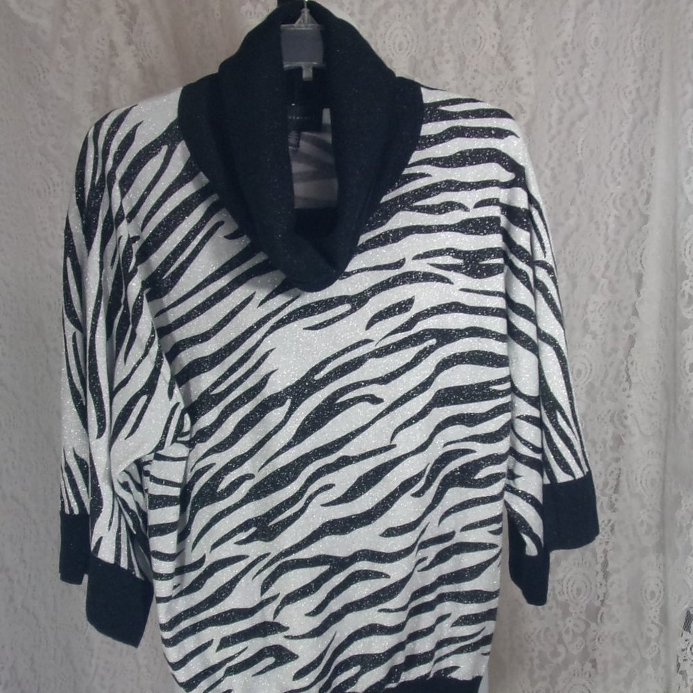 Investments Black and White Zebra Cowl Neck Sweater Sparkle Metallic Threads
